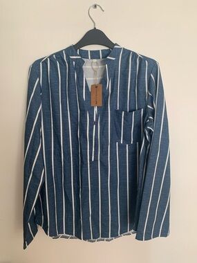Striped Blue Popover Collarless Blouse